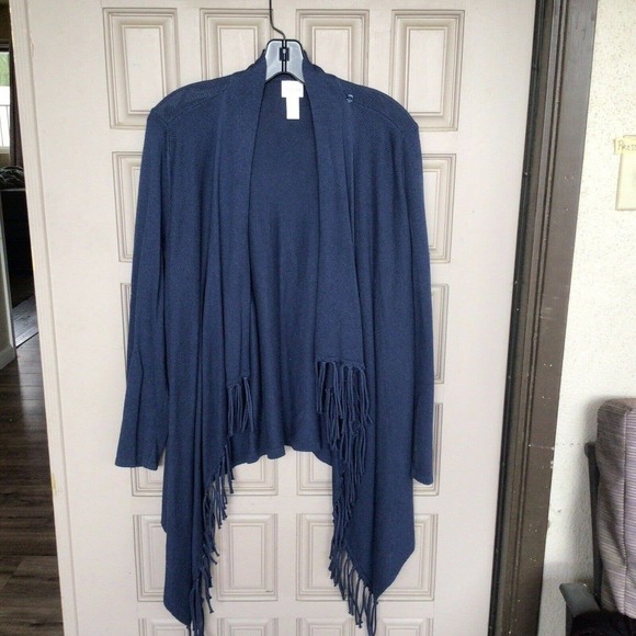 Chico's Sz1 Wrap Sweater Navy Fringe Long Sleeves Knit Pre-Owned - Picture 2 of 9